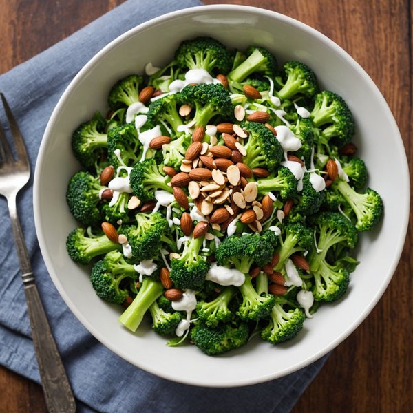 Comment préparer une salade de brocoli avec une sauce au yaourt et des amandes grillées ?